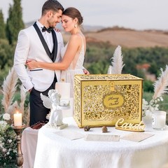 Wooden Gift Card Box for Weddings with Lift-off Lid and Glittery Gold Finish