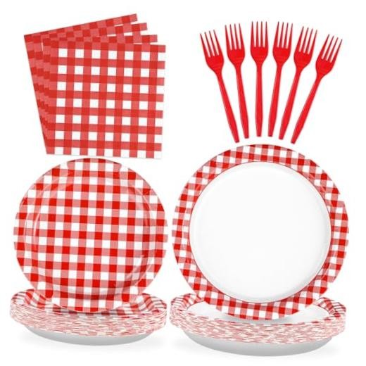 96 Pcs Red Gingham Party Decorations Red and White Buffalo Checked BBQ Kit
