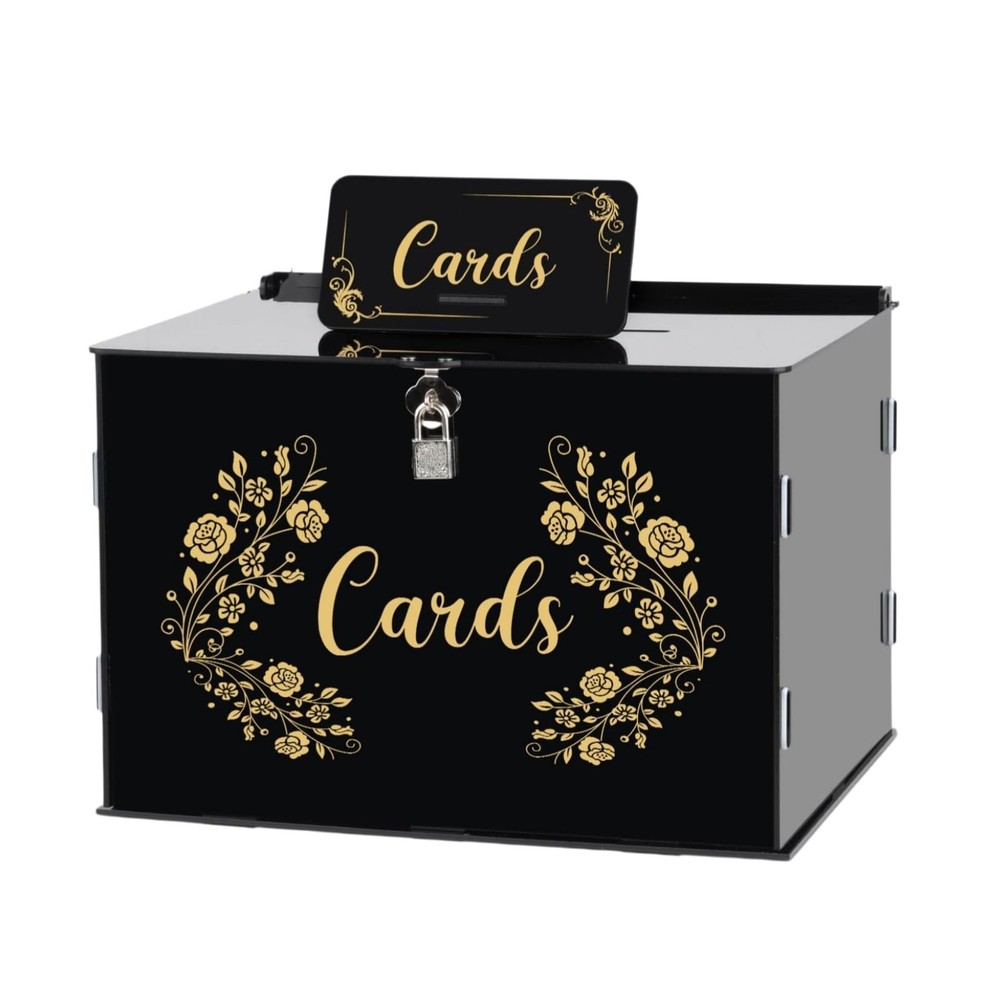 Black Acrylic Wedding Card Box Lock Reception Large 12.2×9.3×8.3 Inch DIY
