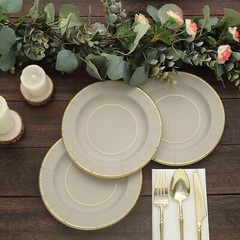 25 TAUPE 8″ Metallic Round Paper Salad DINNER PLATES Textured Rim Party Supplies