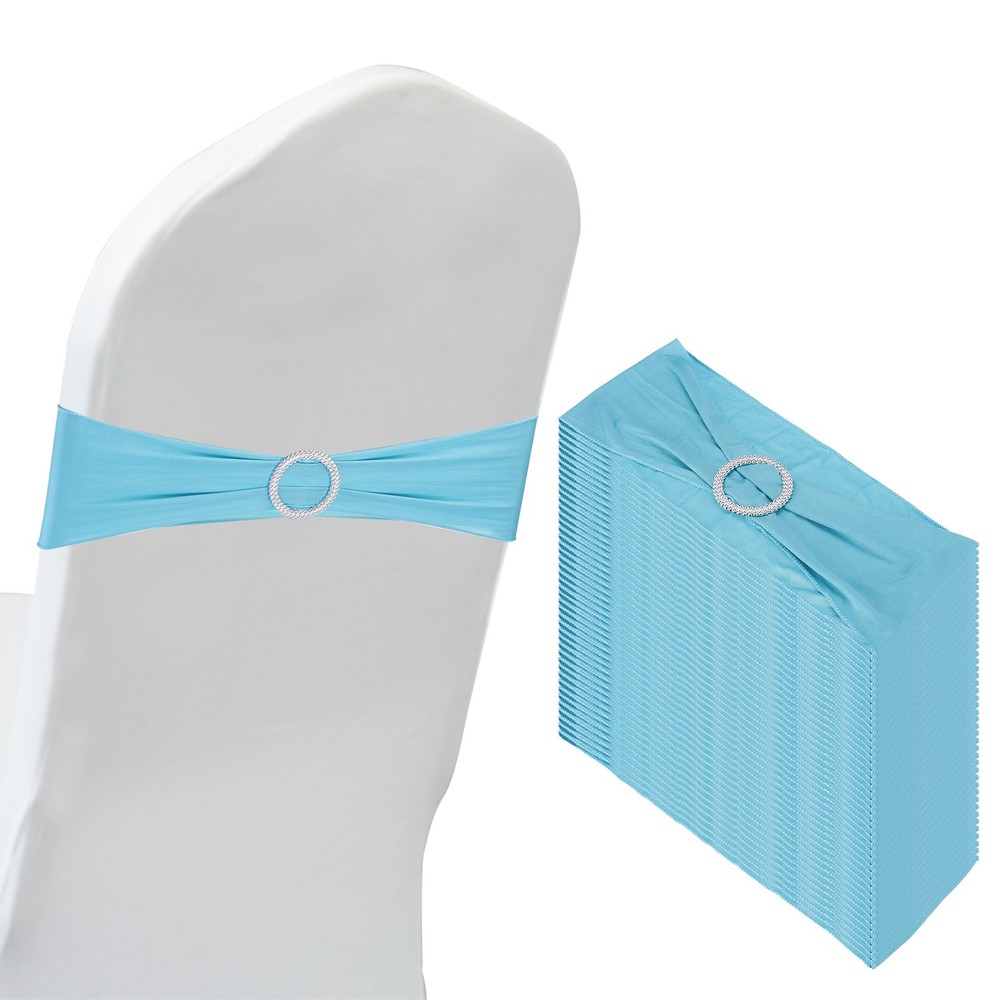 50Pcs 14″x5″ Stretch Chair Sashes Bows Chair Bands Sash with Buckle, Lake Blue