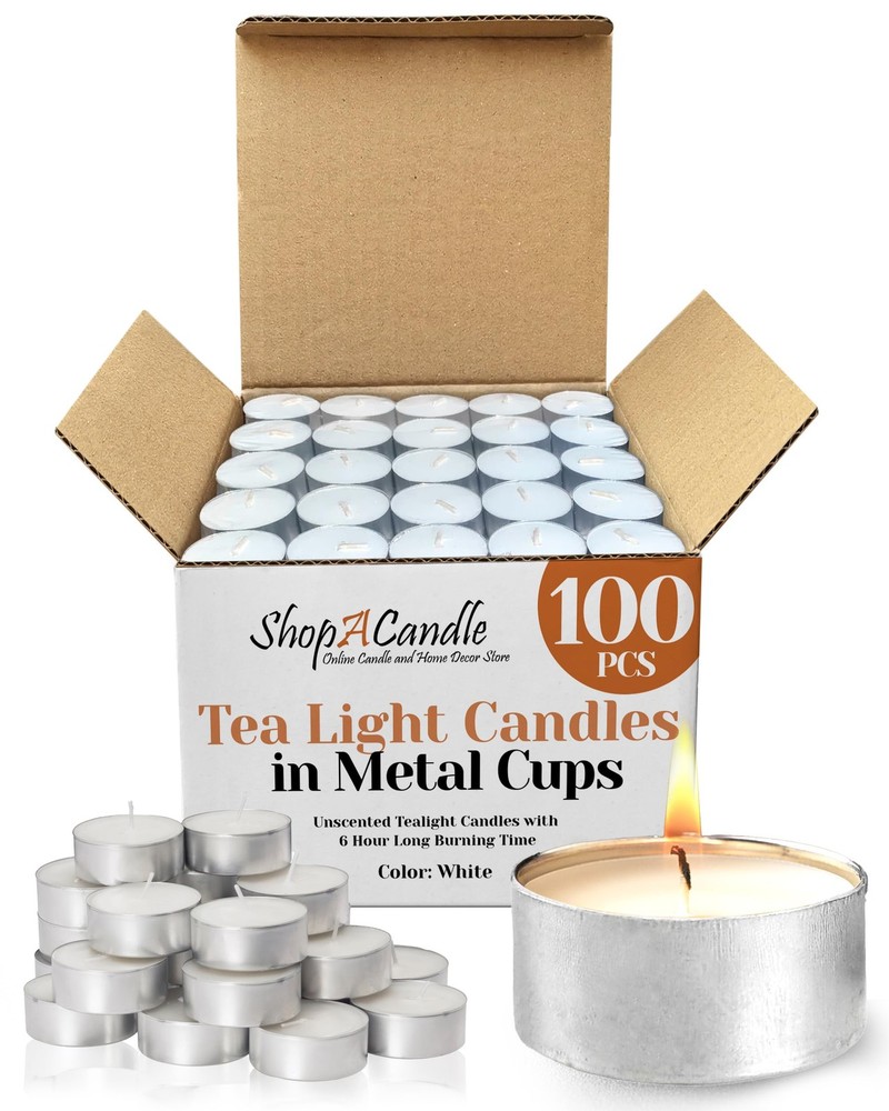 100 Pack Tealight Candles in Metal Cups – Clean White 100 Pack,