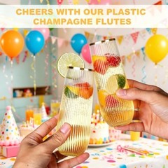 48 Pack Ribbed Plastic Champagne Flutes Stemless With Gold Rim, Unbreakable