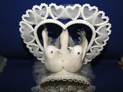 New Elegant Wedding Sparkling White Love Birds Cake topper / heart & bell #189