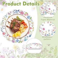 50Pcs Round Paper Placemats, 13.4 Inch Wildflower Disposable Floral Placemats