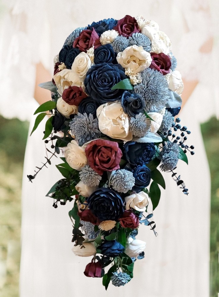 Burgundy Dusty Blue Bridal Bouquet Navy Sola Wood Cascading Wedding Flowers