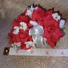 NEW 4″ Long Artificial 5 Red Rose Wrist Corsage With Sparkly Silver Bow/Leaves