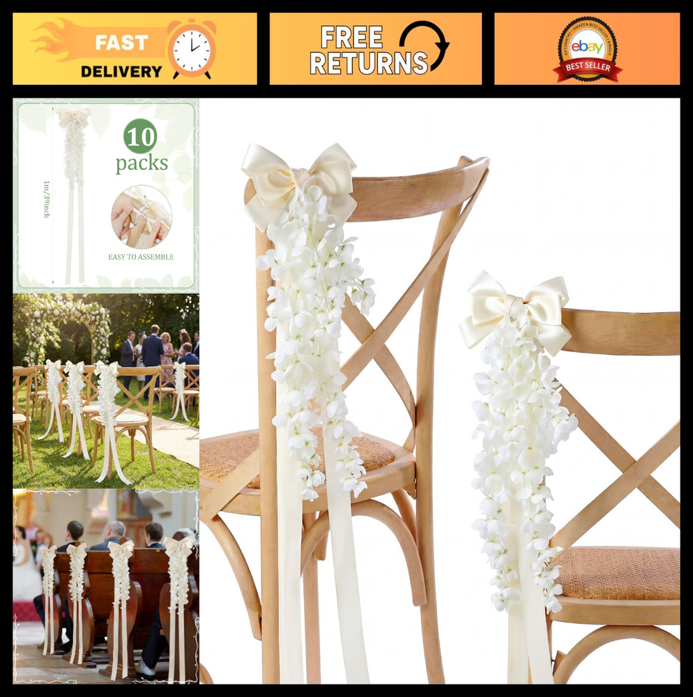 10 Wedding Aisle Decorations – Pre-Assembled Pew Flowers, Artificial Wisteria &