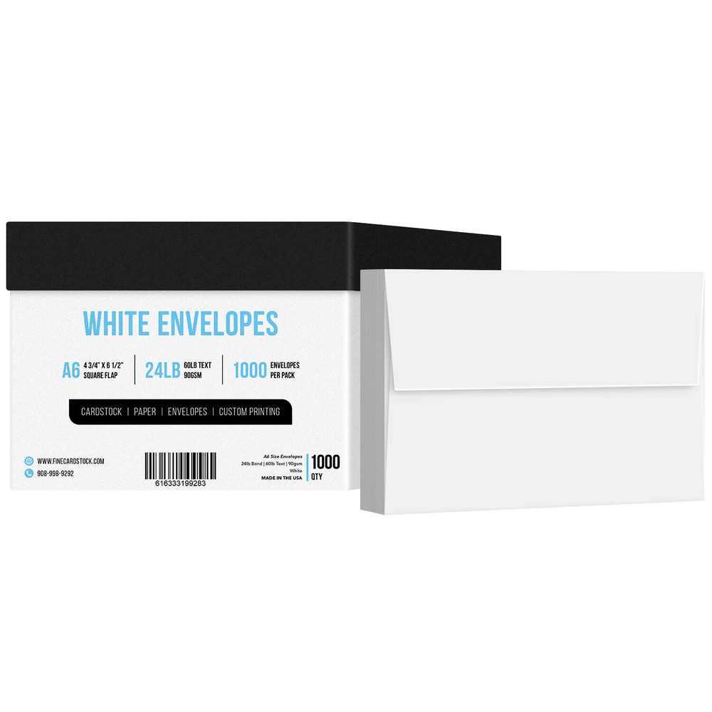 A6 Envelopes, 4 3/4 x 6 1/2, 24lb (90gsm), White, Gummed Square Flap, 1000 Qty