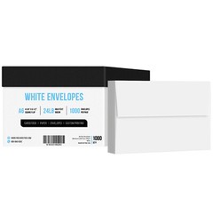 A6 Envelopes, 4 3/4 x 6 1/2, 24lb (90gsm), White, Gummed Square Flap, 1000 Qty