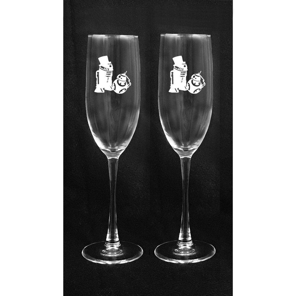 Star Wars BB8 R2D2 Wedding Toasting Glasses Flute Engraved Personalized FREE