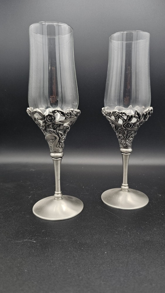 Pair Pewter Glass Champagne Flutes Roses Grapes Wedding Toast Goblets