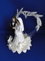 New Vintage Medium Dark Skin Bride & Groom heart Wedding CakeTop, #324