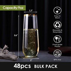 48 Pack Plastic Stemless Champagne Flutes, Disposable Unbreakable 9 Oz