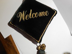 WELCOME/GO AWAY Honeymoon/Wedding gift Velvet, gold thread, bells-hangs on door