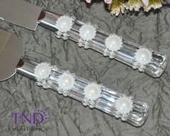 Wedding Cake Knife & Server Set, Faux Crystal Handles with Pearls – 2 Pieces