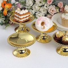 Gold 12 Plastic 5″ Round Mini Cupcake Dessert Display Stands Beaded Rim Party