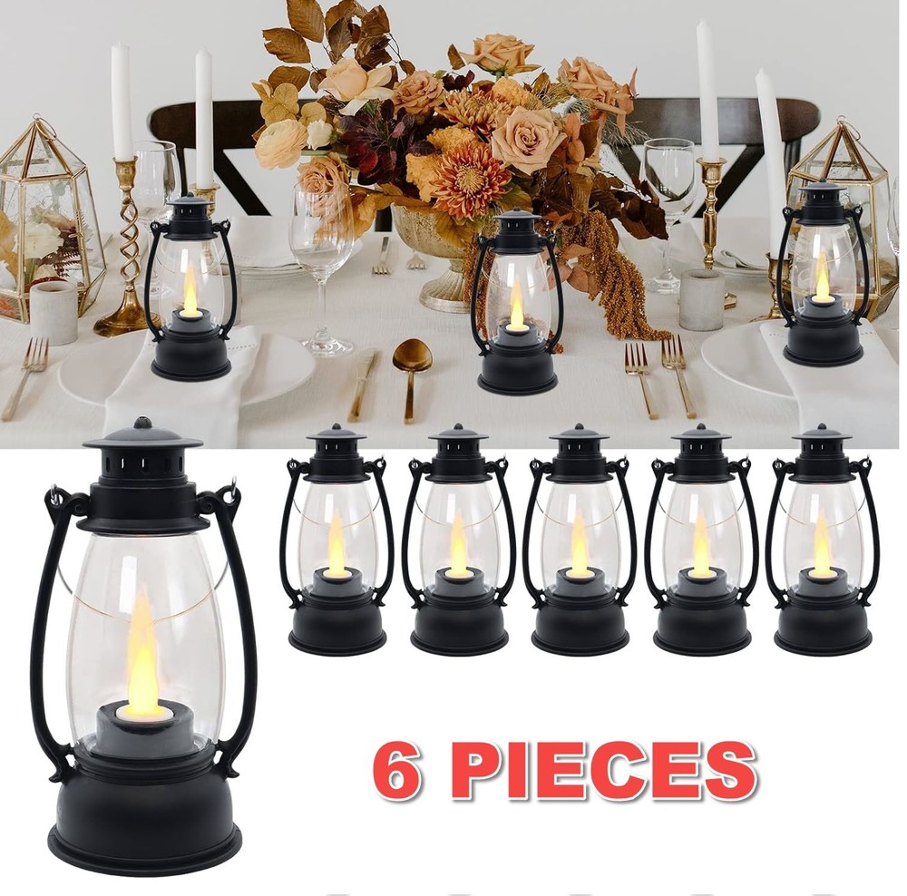 Mini Lantern with Flickering LED Candles,Vintage Black Decorative Black-6Pcs