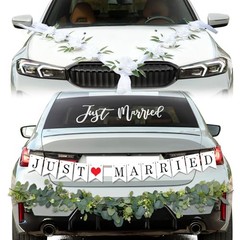 Just Married Car Decorations Kit Wedding Car Decor with Artificial White Roses