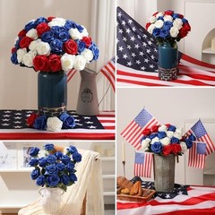 12PCS Artificial Silk Flowers Realistic Roses 12Pcs Flowers Red, White, Blue
