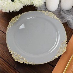 10 GRAY GOLD 10″ Round Plastic Salad Dinner PLATES Embossed Baroque Rim Party