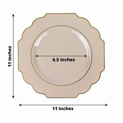 10 Taupe 12″ Baroque PLASTIC DINNER PLATES with Gold Rim Party Event Decorations