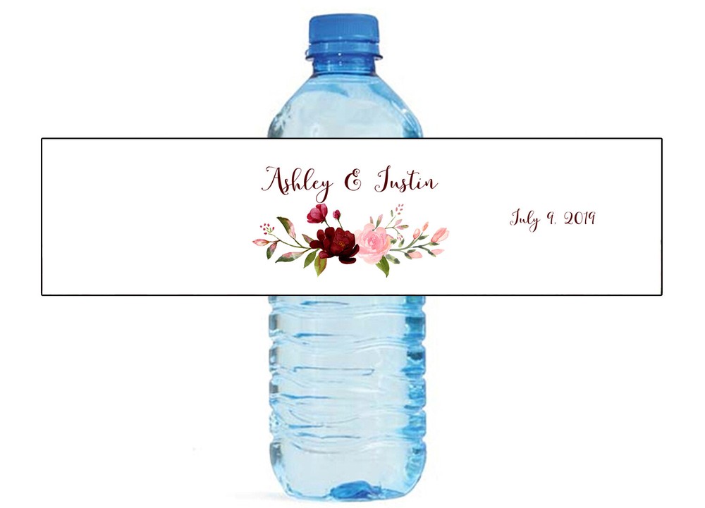 Blush & Burgandy Arrangement Water Bottle Labels Weddings Birthday Engagement