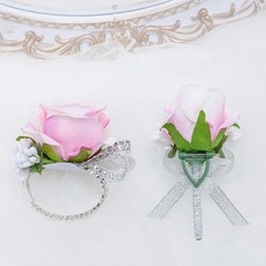 Rose Corsage Wristlet Band and Boutonniere Set, Pink Flowers
