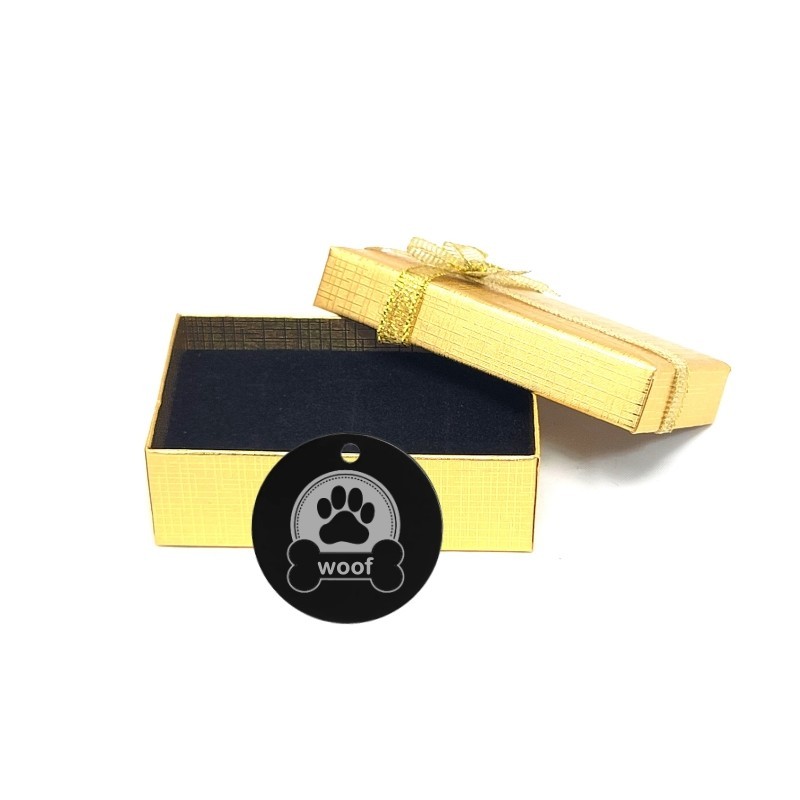 Black Paw Print with Woof Bone Design Pet Collar Charm Round Tag with Gift Box