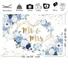 5x3ft Mr and Mrs Floral Backdrop for Bridal Shower and White 5X3ft Blue