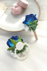 Classic Royal Blue Wrist Corsage with Elegant Boutonniere – Perfect for Weddings