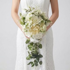 10″ White Rose Cascading Bridal Bouquet – Artificial Silk Wedding Flowers, Boho