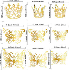 9 Pack Crown Cake Toppers Mini Tiara 3D Gold Butterfly Decoration Vintage Pearl