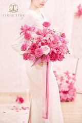 Hot Pink 17″ Artificial Bridal Bouquet – Realistic Silk Flowers for Weddings & D