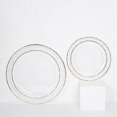 50 CLEAR 10″ Round Salad PLATES Hammered GOLD Trim Party Events Wedding Supplies