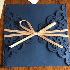 Dark Blue, Navy Laser Cut Flowers Gold Silk Tie Square Wedding Invitation Cards