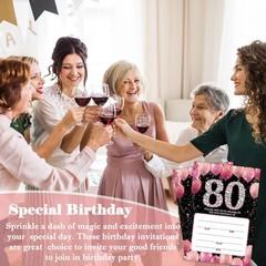 Birthday Invitations for Women Men – Pink 80th Bday Invites with Envelopes(25…