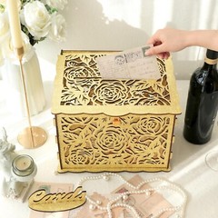 Glittery Gold Wedding Card Box with Lock Wooden Gift Card Box for Wedding Rec…