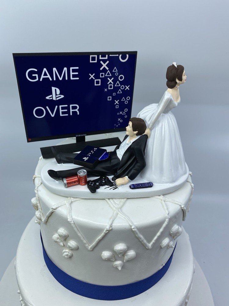 Funny PS Game Over Fan Bride and Groom Wedding cake topper Gamer