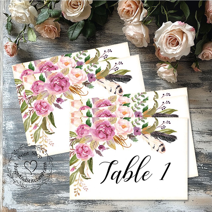 DOUBLE or SINGLE SIDED BOHO TRIBAL FLORAL WEDDING TABLE CARDS or SIGNS #244