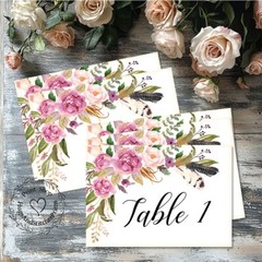 DOUBLE or SINGLE SIDED BOHO TRIBAL FLORAL WEDDING TABLE CARDS or SIGNS #244