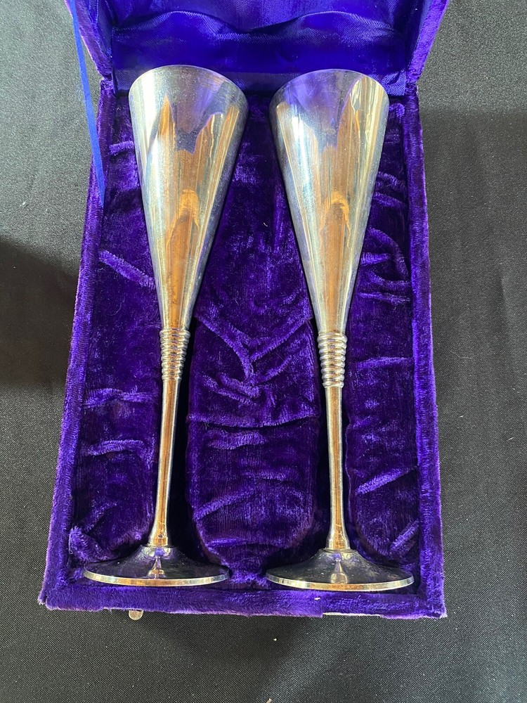 Silver Plated Champagne Flutes X 2, Purple Velvet Box