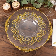 10 Round 8″ CLEAR GOLD Baroque Plastic Salad Dinner PLATES Party Decorations