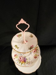 3 Tiered Tray Floral Roses on White Mismatched Pattern Gold Trim Pink Handle