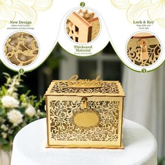 Glittery Gold Wedding Card Box with Lock, Wood Gift Card Box for Wedding Rece…