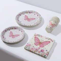 96 WHITE PINK Butterfly Print Disposable TABLEWARE Set Party Events Decorations