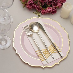 20 BLUSH 10.5″ Round Plastic Dinner Plates GOLD Scalloped Rim Events