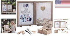 Antique White & Brown Guest Book Frame for Weddings – 80 Wooden Hearts Inside