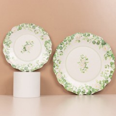 25 WHITE GREEN Floral Greenery Dessert Paper Plates with Scalloped Edge