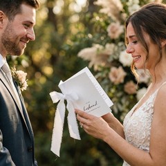 White Wedding Vow Books with 5 Ribbons His and Hers Gold Foil Set